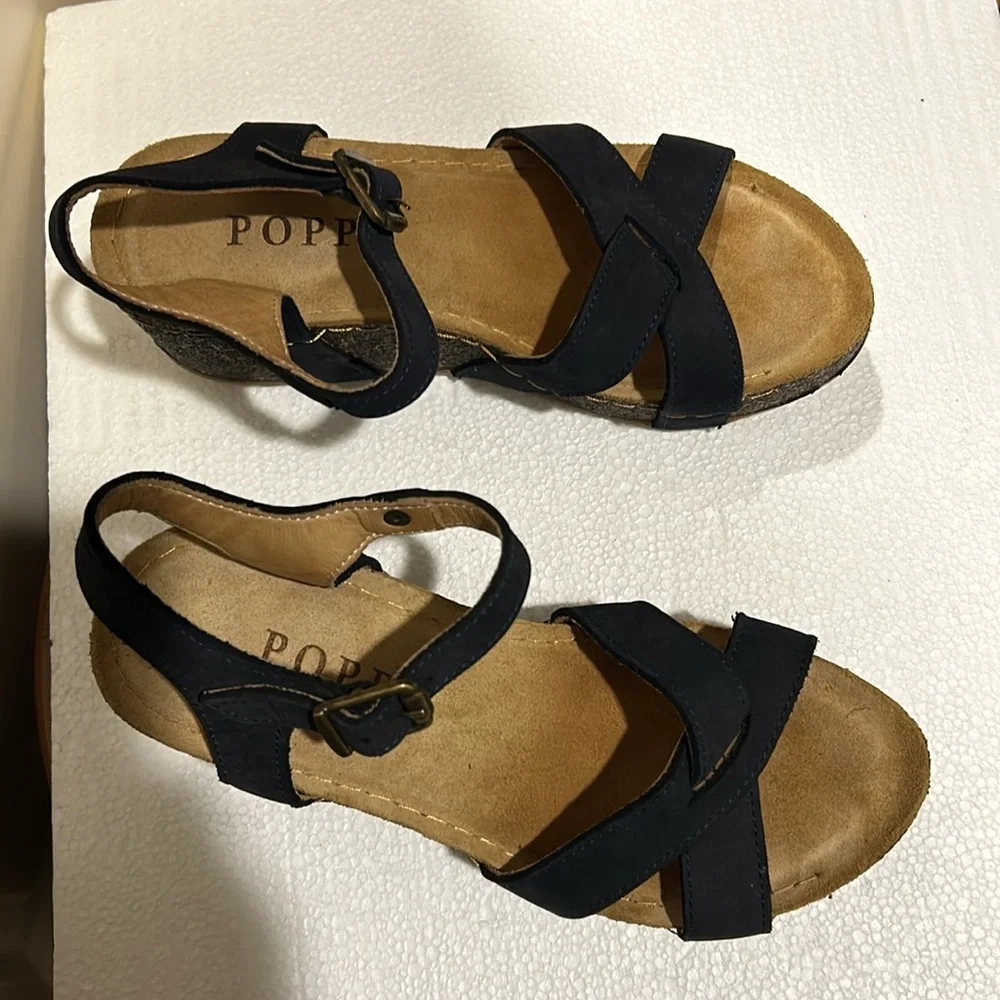 Like New! Poppy cork Wedge suede strap sandals cushion insoles size 37 dark blue